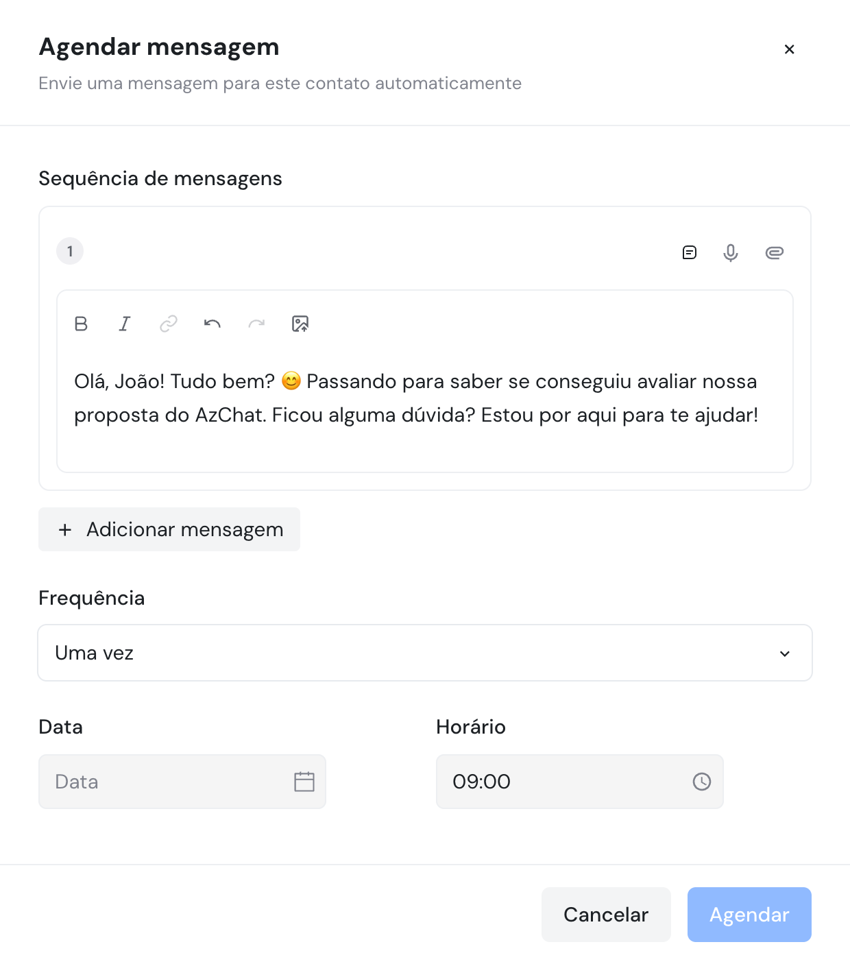 Tela de agendamento de mensagens do AzChat